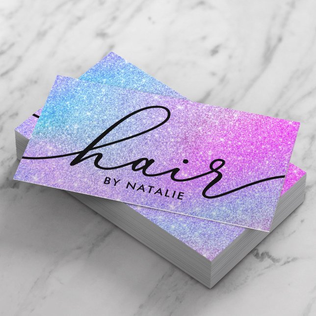 Holographic Glitter Script Typography Hair Stylist Business Card (Creator Uploaded)