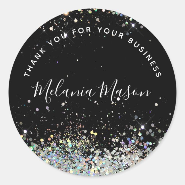 Holographic Glitter Stylish Name Black Elegant  Classic Round Sticker (Front)