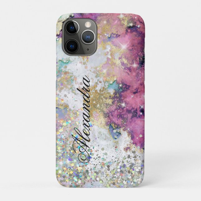 Holographic Glitter Unique Gold Pink Marble Case-Mate iPhone Case (Back)