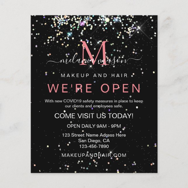 Holographic Glitter We're Open Salon Black Elegant Flyer (Front)