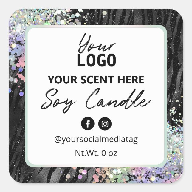 Holographic Glitter Zebra Print Soy Candle Labels (Front)
