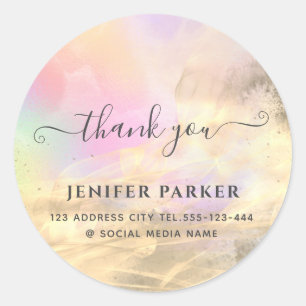 Holographic gold abstract modern script thank you  classic round sticker