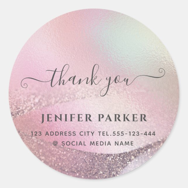 Holographic gold abstract modern script thank you  classic round sticker (Front)