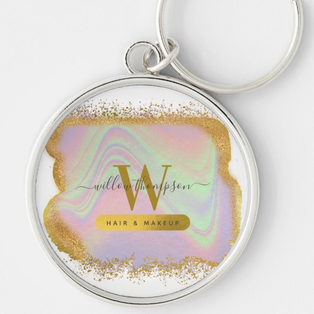 Holographic Gold Glitter Modern Hair & Makeup  Keychain (Front)