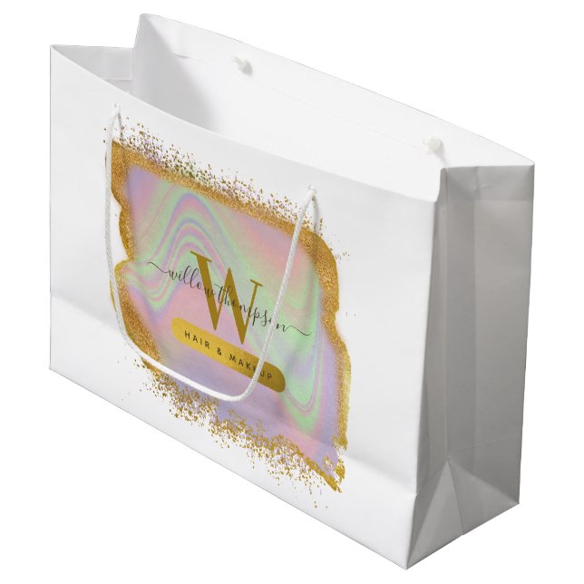 Holographic Gold Glitter Modern Hair & Makeup Shop Large Gift Bag (Front Angled)