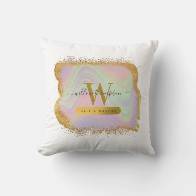 Holographic Gold Glitter Modern Hair & Makeup Throw Pillow (Front)