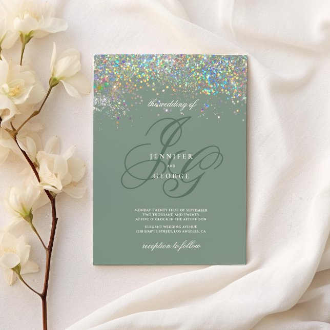 Holographic gold mint glitter initials wedding invitation (Holographic gold mint glitter initials wedding)