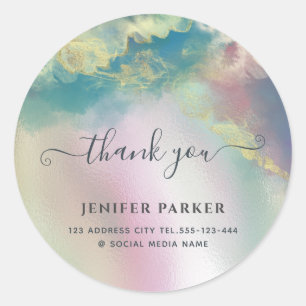 Holographic gold watercolor script thank you clas classic round sticker