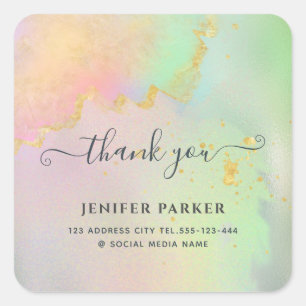 Holographic gold watercolor script thank you class square sticker