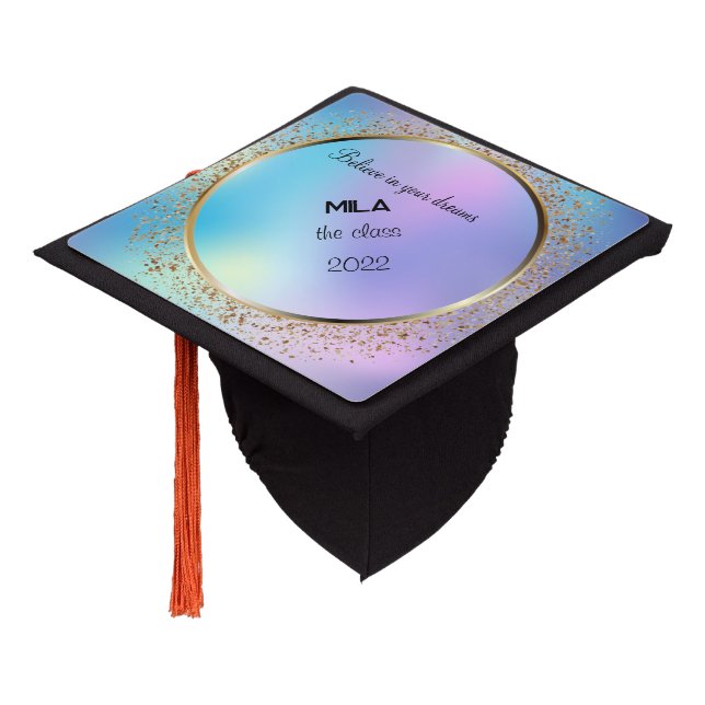 Holographic, golden circle graduation cap topper (Angled)