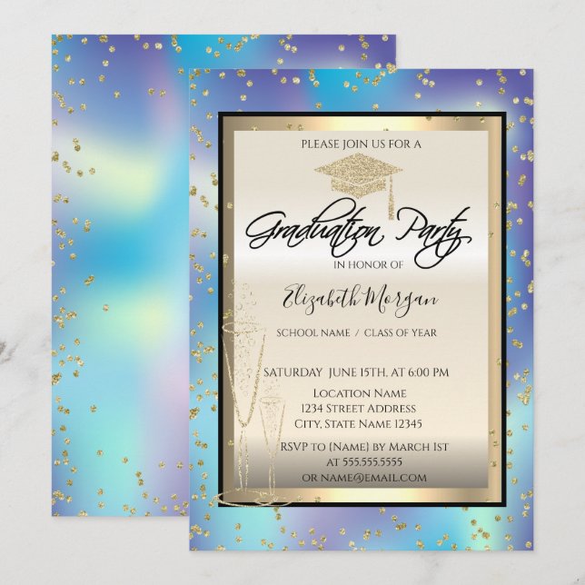Holographic Grad Cap,Glass Diamonds Graduation Invitation (Front/Back)