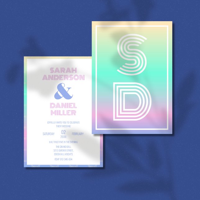 Holographic Gradient Modern Monogram Wedding  Invitation (Creator Uploaded)