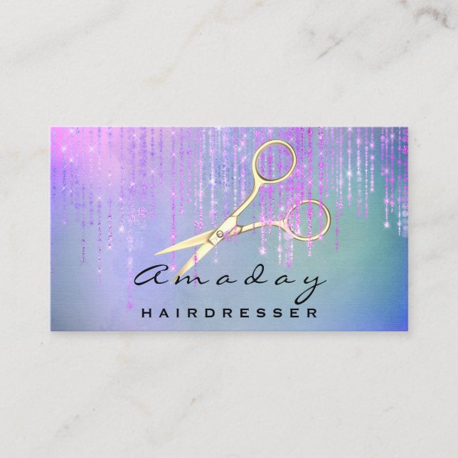 Holographic Hair Salon Golden Scissors Drips Pink Business Card (Front)