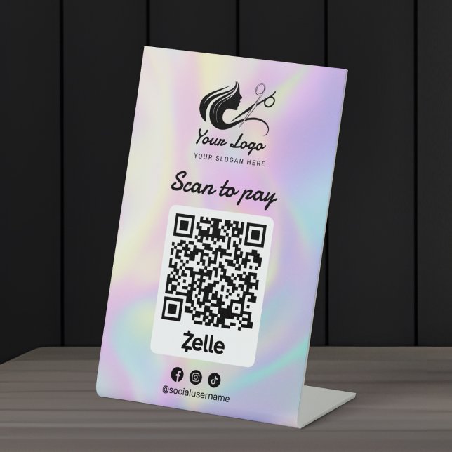 Holographic Hair Salon Logo Zelle Scan to Pay Pedestal Sign (Creator Uploaded)