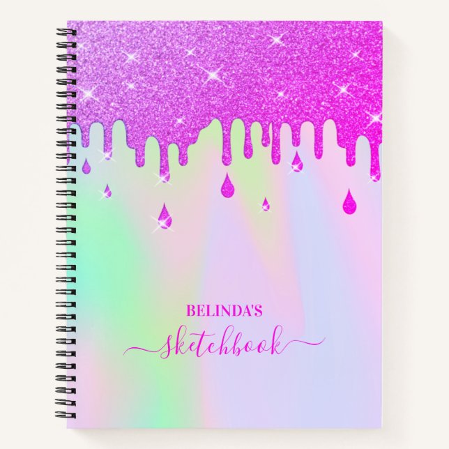 Holographic Hot Pink Glitter Drips Sketchbook Notebook (Front)