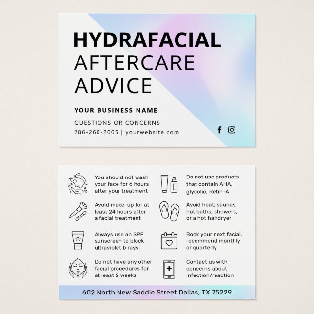 Holographic HydraFacial Aftercare Instruction Card (Front & Back)
