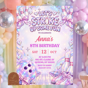 Holographic Iridescent Girl Bowling Birthday Invitation
