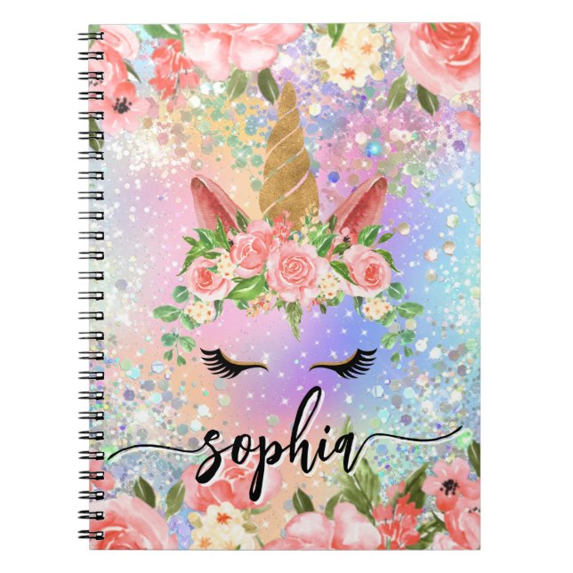 Holographic Iridescent Glitter Floral Gold Unicorn Notebook (Front)