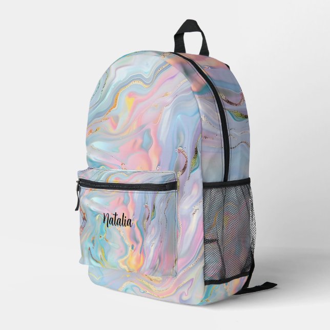 Holographic Iridescent Opal Marble Girls Printed Backpack (Back Corner Right)