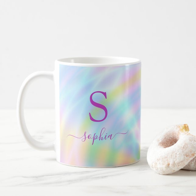 Holographic Iridescent Rainbow Monogram Name Coffee Mug (With Donut)