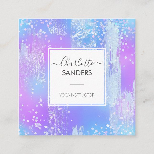 Holographic iridescent silver foil  square business card (Front)