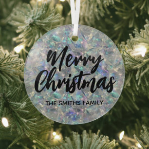 Holographic Iridescent Texture Merry Christmas Glass Ornament
