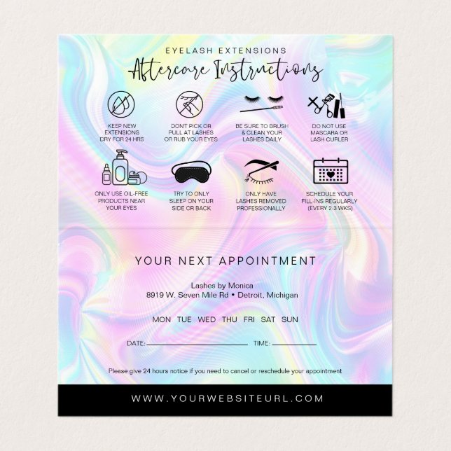 Holographic Lash Aftercare & Appointment Reminder  Business Card (Inside Unfolded)
