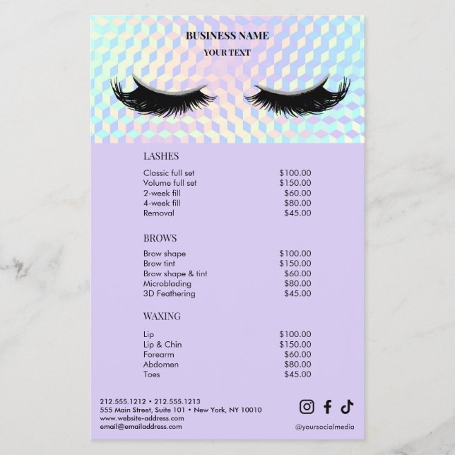 Holographic Lashes Salon Price List Menu (Front)