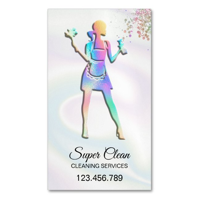 Holographic Maid Cleaning Cleaning Services Busine Magnetic Business Card (Front Vertical)