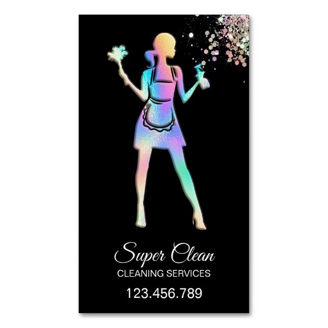 Holographic Maid Cleaning Cleaning Services Busine Magnetic Business Card (Front Vertical)