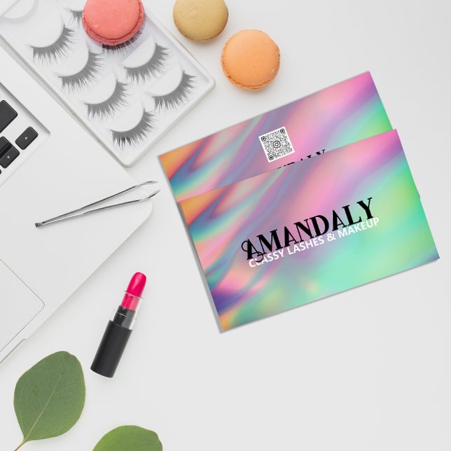 Holographic Makeup Artist Eyelash QR LOGO Gold  Business Card (Holographic Makeup Artist Eyelash QR LOGO Gold Business Card)