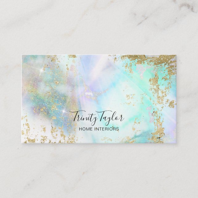 Holographic marble rainbow clouds & faux gold leaf business card (Front)