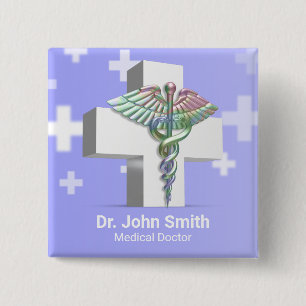 Holographic Medical 3D Caduceus White Cross 2 Inch Square Button