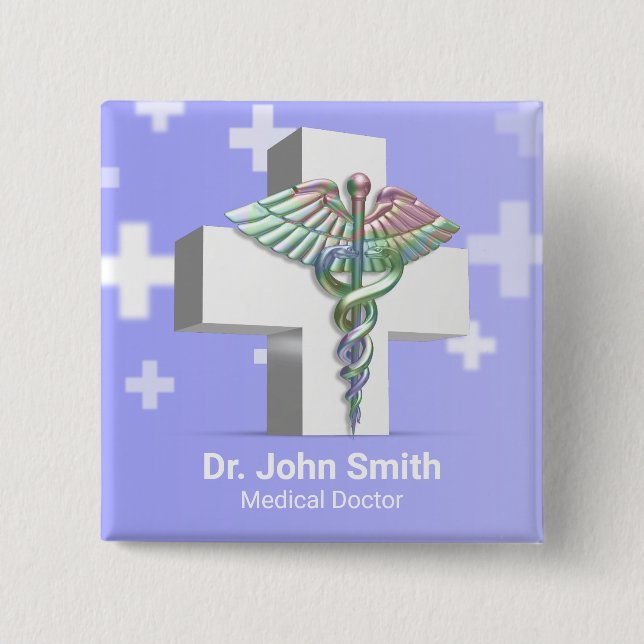 Holographic Medical 3D Caduceus White Cross 2 Inch Square Button (Front)