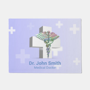 Holographic Medical 3D Caduceus White Cross Doormat