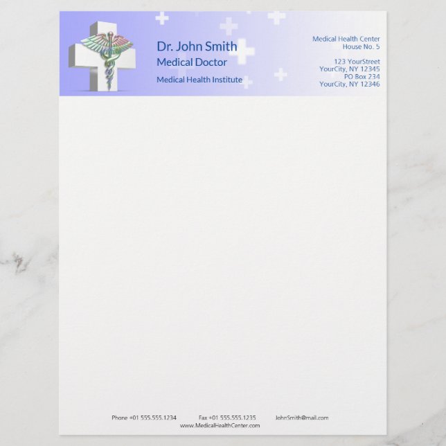 Holographic Medical 3D Caduceus White Cross Letterhead (Front)