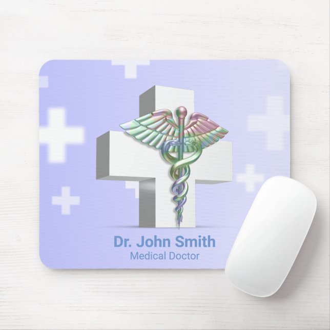 Holographic Medical 3D Caduceus White Cross Mouse Pad (With Mouse)