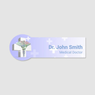 Holographic Medical 3D Caduceus White Cross Name Tag
