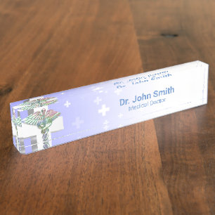 Holographic Medical 3D Caduceus White Cross Nameplate