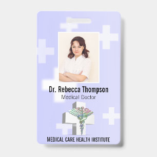 Holographic Medical 3D Caduceus White Cross Photo Badge