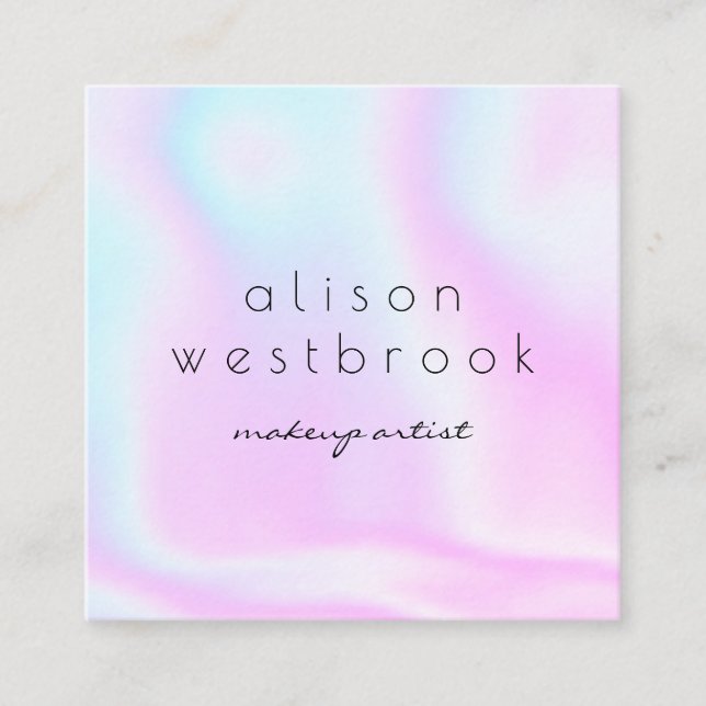Holographic modern makeup artist chic pink rainbow square business card (Front)