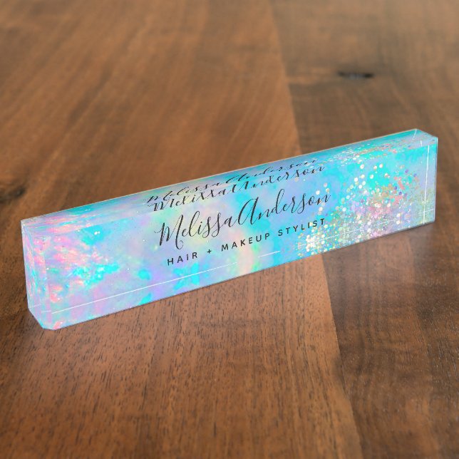 Holographic Opal Stone Glitter Calligraphy Nameplate (Side)