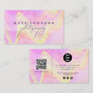 Holographic Opal Stone Marble Script QR Code Business Card
