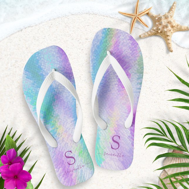 Holographic Pastel Colourful Iridescent Monogramme Flip Flops (Creator Uploaded)