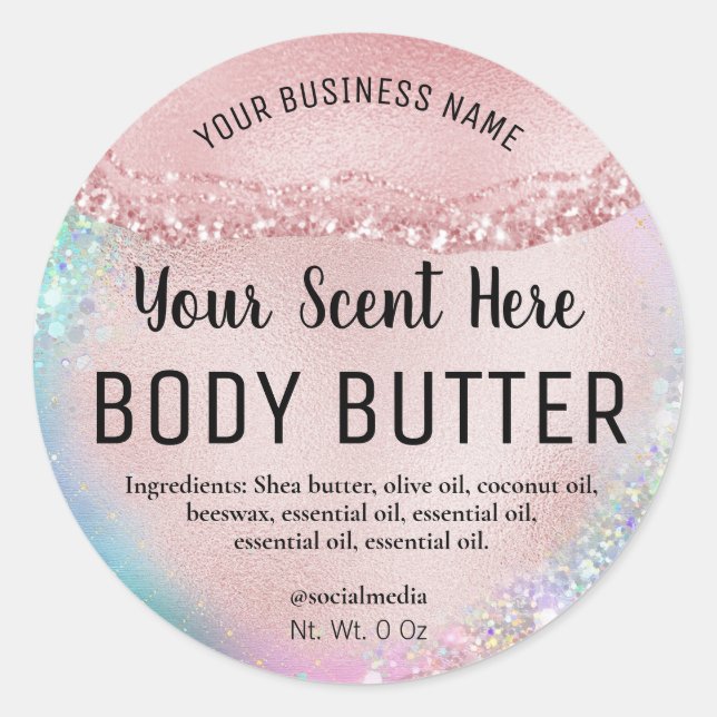 Holographic Pastel Rose Gold Body Butter Labels (Front)