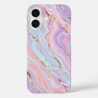 Holographic Pastel Unicorn Marble Gold Glitter iPhone 16 Case