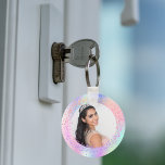 Holographic photo pink purple girl keychain<br><div class="desc">A trendy holographic background with unicorn and rainbow pastel colours in pink,  purple,  rose gold,  mint green. Personalize and add your photo.</div>