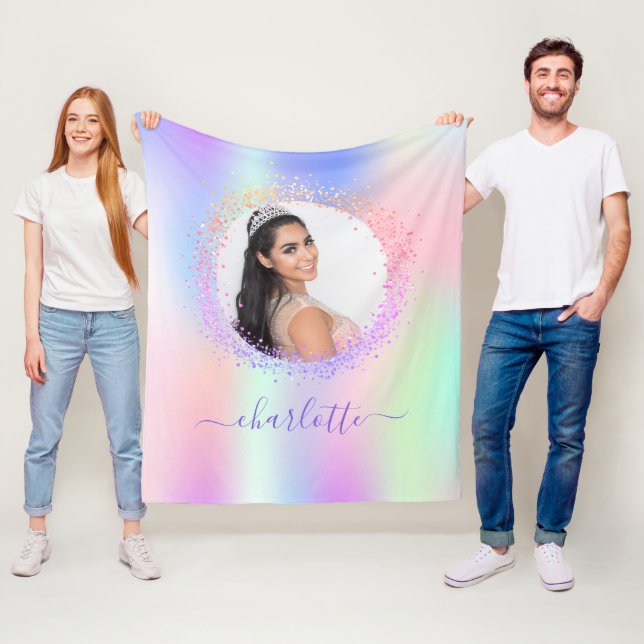 Holographic photo pink purple name script fleece blanket (In Situ)