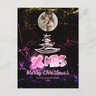 Holographic pink and golden Chic Xmas Glow Photo Postcard