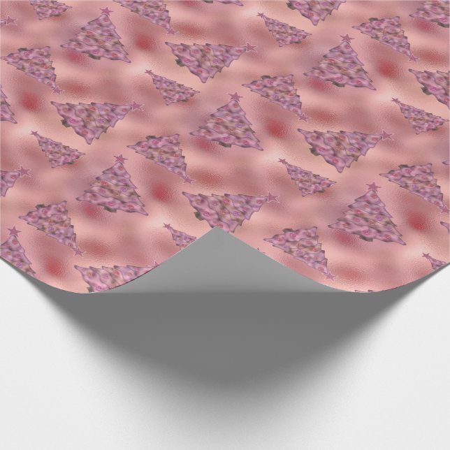 Holographic Pink Christmas Holiday Tree Glam Foil Wrapping Paper (Corner)